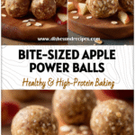 Round Apple Protein Balls with oats and apple pieces arranged on a wooden board as Healthy Snacks Before Sports.
